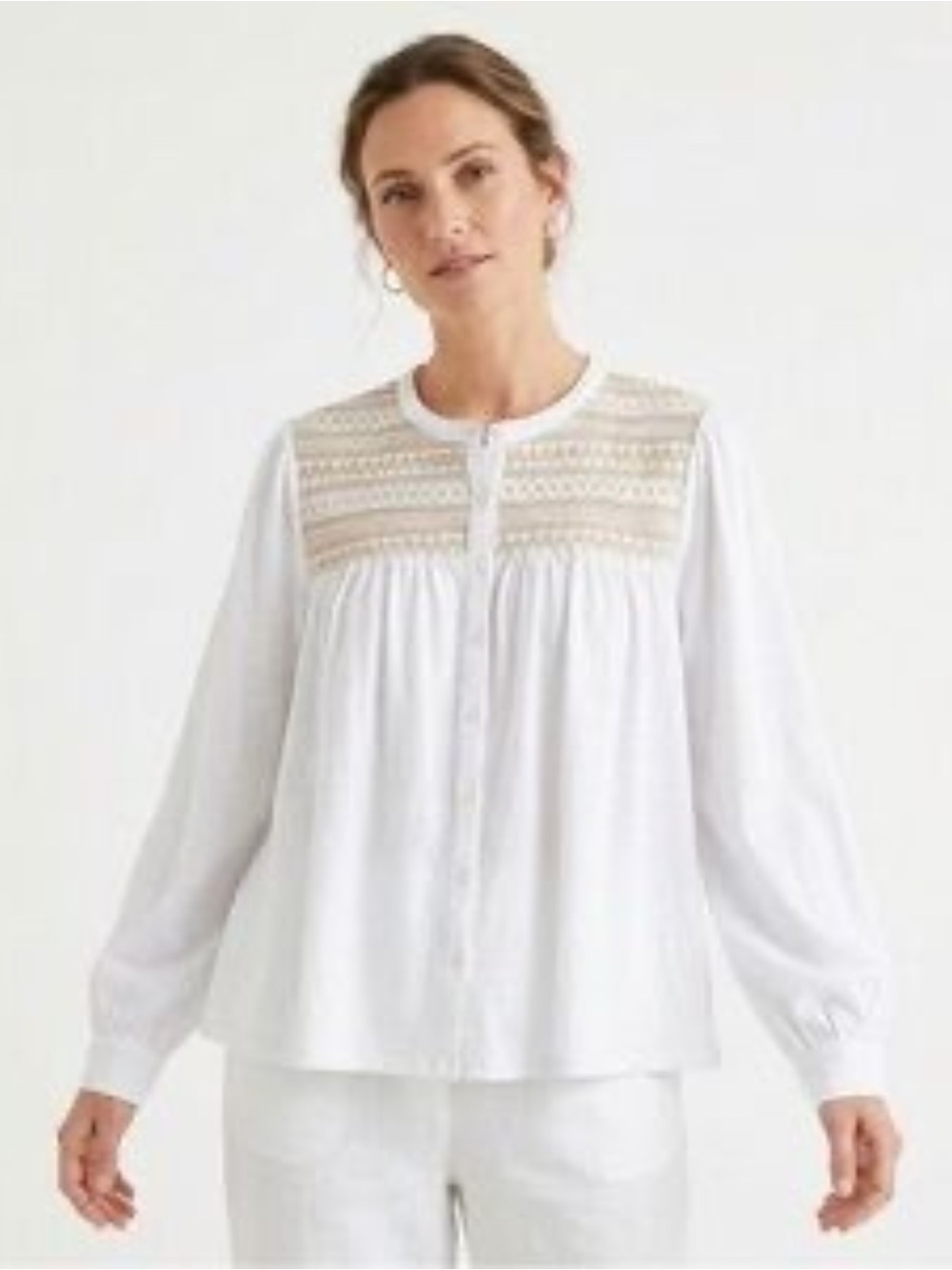 Boden White Smocked Embroidered Blouse US 4 Button Down Cotton Tencel Top